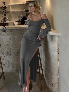 Robes décontractées Boofeenaa Halter Neckless Sans manches longues Split Maxi Grey Elegant Sexy Club Party Robe 2024 Vêtements d'automne C70-CG28