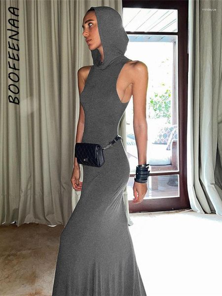 Vestidos casuales BOOFEENAA con capucha sin mangas A Line Maxi Grey Streetwear Y2k Sexy vestido largo de verano para mujer 2023 moda elegante C87-CZ34