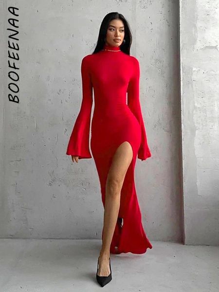 Vestidos informales Boofeenaa Red Night Woman Elegant Sexy Sely Manga Manga Backless High Split Long Vestido de boda C85-CF29