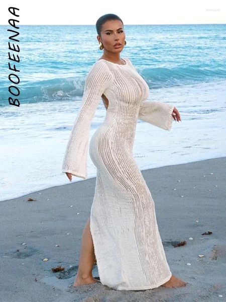 Vestidos casuales boofeenaa sexy sin espalda de manga larga hendidura maxi elegante tejido blanco de punto órgano de vacaciones en playa C96-DF35