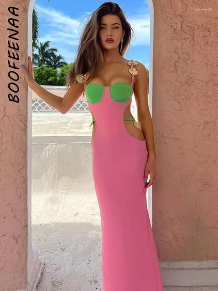 Robes décontractées Boofeenaa Sexy Colorblock Longue robe de soirée 2024 PARTIE PEUR ÉLÉGANT COUPE CUT OBTÉRIEUR BOLLON CONCON MAXI C92-DF38