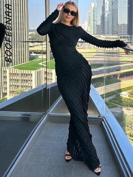 Robes décontractées Boofeenaa Sexy Elegant Frilly MAXI Robe Long Manche Black Party for Women 2024 Fall Fashion Clothing C70-DD36