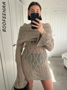 Casual jurken boofeenaa sheer gebreide trui jurk vrouw sexy off schouder flarden lange mouw korte herfst winterkleding c87-fz36