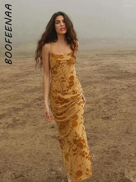 Robes décontractées Boofeenaa Spaghetti STRAP Backless Long Resort Portez French Retro Yellow Floral Robe Clottes d'été Femmes 2024 C83-BG27
