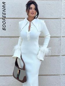 Robes décontractées BOOFEENAA Robe pull tricotée blanche avec plumes à manches longues moulante Maxi vêtements de mode d'hiver pour les femmes C95-GI47