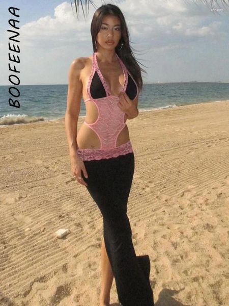 Vestidos informales Boofeenaa Y2K SEXY Summer Dress Lace empalmado Halter Hueco Backless División Long para mujeres Resort Wear 2024 C33-Ch24