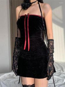 Casual jurken boog gothic fluwelen verband met buis mini y2k feestkleding ruches sexy a-line jurk grunge backless dames winter outfit