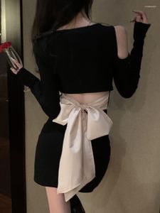 Vestidos casuales Diseño de pajarita Fuera del hombro Vestido corto sexy negro Por encima de la rodilla Fiesta de noche Moda coreana Mujer Ropa de manga completa