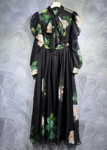 Robes décontractées Bow Tie Robe longue élégante 2024 Spring Fashion Design Vêtements Femmes Feuilles vertes Floral Print Sleeve Maxi XXL