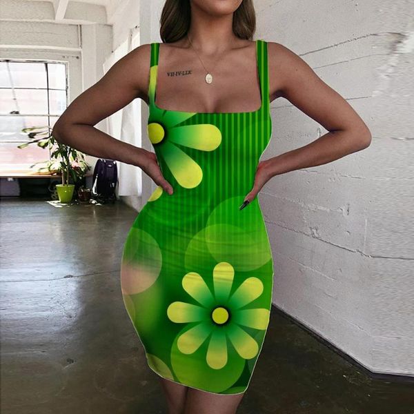 Robes décontractées Marque Fleur Femmes Vert 3D Imprimer Street Robe Sexy Mignon Halter Sans Manches Femmes Vêtements Club BeachCasual