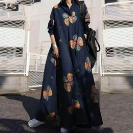 Robes décontractées Robe respirante à manches longues imprimé floral style ethnique maxi pour les femmes avec manches col rabattu plus taille
