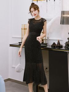 Casual jurken heldere zijden midi jurk zwart perspectief mesh stiksel elegante retro dames kleding zeemeermin gewaad date date street