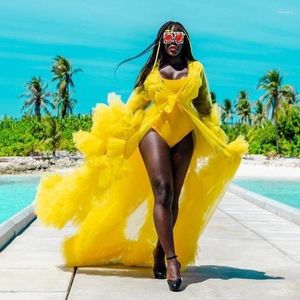 Robes décontractées Tulle africain jaune vif pour femmes Robes anniversaire Po Shoot voir à travers la robe de soirée