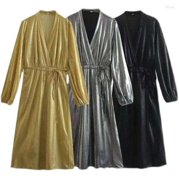 Robes décontractées Brilliant Gold Metal Color Wraps en V-Neck lacet up plissé de robe A-line Style à manches longues Vestidos