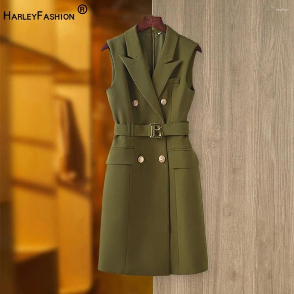 Vestidos casuales estilo británico vintage diseño ejército verde mujeres verano tanque blazer vestido con cinturón sin mangas calidad retro femenino