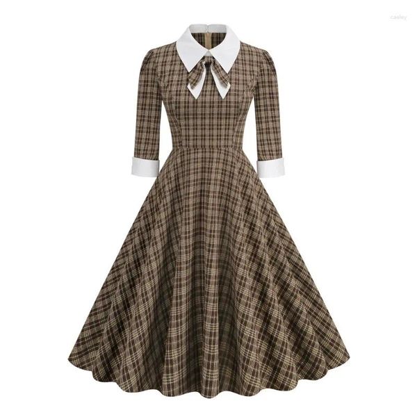 Robes décontractées Brown Turn-Down Collier Bow Plaid Rockabilly Vintage Midi Dames 3/4 Longueur Manches Automne Hiver Femmes Robe élégante 2024