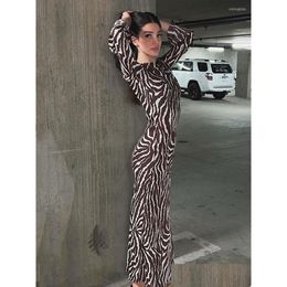 Robes décontractées Brown Zebra Stripes Maxi Robe Femmes Élégant Slim Boho Cheville-Longueur Femme Printemps Eté Manches Longues Fête 2023 Drop