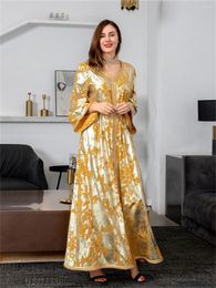 Casual jurken Bubbekiss Lente vrouwen kleden moslim gouden gewaad chiffon feest ramadan femme avond lang met riem