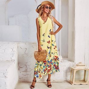 Casual jurken vlinder gedrukt boho jurk 2023 plus maat 5xl lange zomer vrouw mouwloze meisjes strand maxi vrouwen