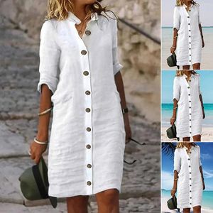 Robes décontractées Boutons T-shirt Robe Femme Coton Lin Blanc Lâche Été Manches longues Col V Robe Femme 2024