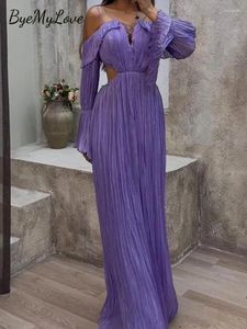Robes décontractées Byemylove violet hors épaule robe de soirée côté découpé sexy maxi femmes manches longues col en V ourlet froncé