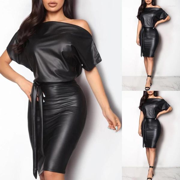 Vestidos casuales Cacocala 2023 Mujeres Faux PU Leather Slash Dress Off Hombro Alta elasticidad Vaina Bodycon