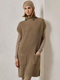 Robes décontractées CamKemsey vraie laine pull robe femmes Chic col roulé automne hiver sans manches doux cachemire tricoté droite