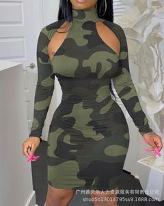 Casual Jurken Camouflage Print Knipsel Lange Mouwen Bodycon Jurk Vrouwen Lente Zomer Mini Schede Sexy Hoge Taille Party