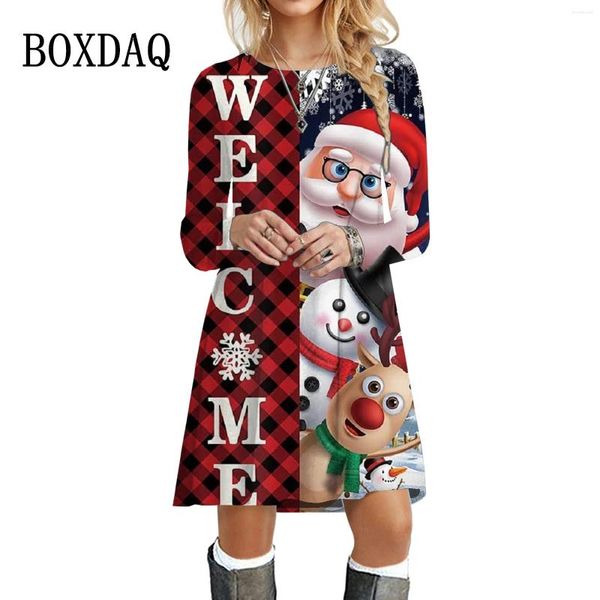 Robes décontractées Dessin animé Père Noël Plaid Imprimer Robe Femmes Mignon Fête De Noël Bonhomme De Neige Hiver 2024 Année À Manches Longues Oversize