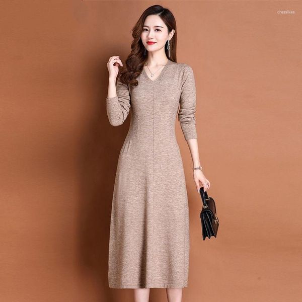 Vestidos casuales suéter de Cachemira Vestido Mujer 2023 Otoño Invierno coreano cuello en V manga larga tejido elegante Vestido Mujer Bodycon