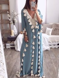 Casual jurken Casual Boheemse losse Tassel Ruffer lange jurk korte mouw strandjurk zomer moslim Morokkaanse kaftan maxi jurk A1384 230505
