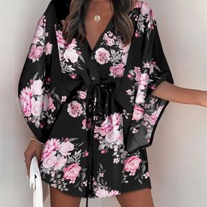 Robes Décontractées Robes Boho Décontractées pour Femmes Été Lâche Imprimé Col V Manches Chauve-Souris Robes à Lacets Irrégulières Femmes Mini Robe Robe 220906