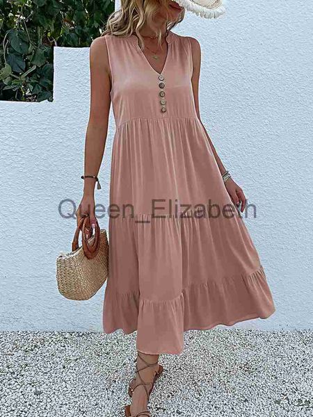 Vestidos casuales Vestido sin mangas sin mangas para mujer Verano Soild Botones con cuello en V Ruffle Midi Vestidos 2023 Moda elegante Playa Vestido suelto J230625