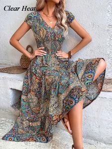 Robes décontractées Causal Boho Vintage Imprimer Maxi Dress Pour Femmes Sexy Col En V À Manches Courtes Taille Élastique Vestidos Femme Plage Big Swing Long