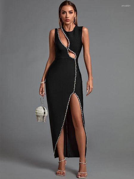 Vestidos casuales Celebrity Bandage Dress 2023 Mujer Negro Bodycon Elegante Sexy Crystal Evening Club Party Verano de alta calidad
