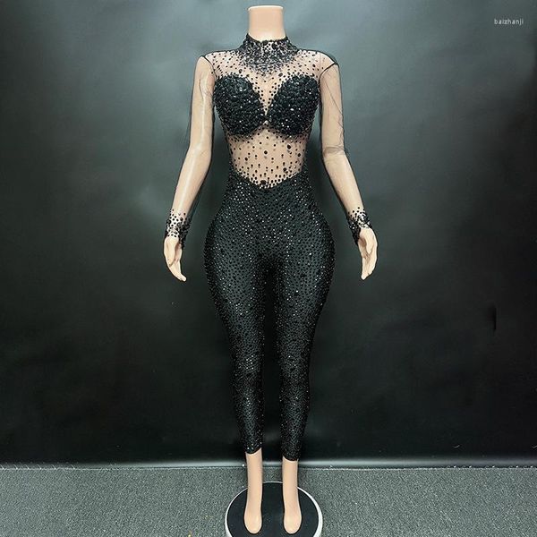 Vestidos informales Mono transparente con diamantes de imitación brillantes de celebridades para la celebración de cumpleaños Vestimenta lujosa Actuaciones de bailarines