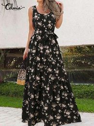 Robes décontractées Celmia vacances sans manches longue robe d'été ceinturée imprimé floral robe femmes 2024 robe d'été en vrac une ligne robe bohème