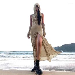 Robes décontractées CF23049 Fashion Dune déchet sol balaclava conception de couleur robe couleur rétro sexy slim slit slit long pour les femmes