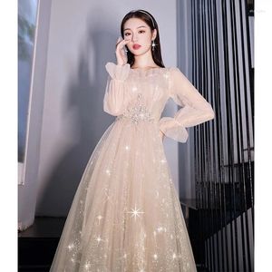 Robes décontractées Champagne Sexy Square Collar Lantern Sleeve Bandage Bandage A-Line Night Dress Bride Bridesmaid Wedding Tulle Prom Robes