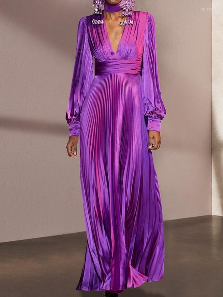 Robes Décontractées Charmante Belle Robe En Satin Impérial Soeur Style Jupe Haut De Gamme Automne Violet Plissée Longue À La Cheville Super