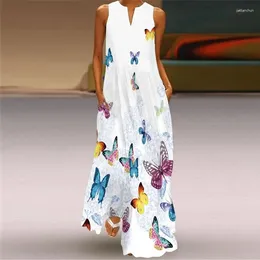 Robes décontractées charmante papillon dynamique plage longue robe de femme imprimée sans manches en V-cou maxi