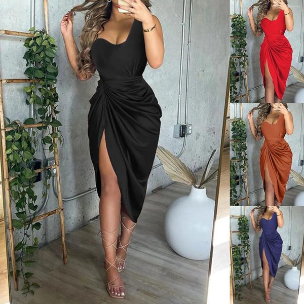 Robes décontractées Charmante femme robe haute fendue sexy plage mode couleur unie serré noir 2023 mode