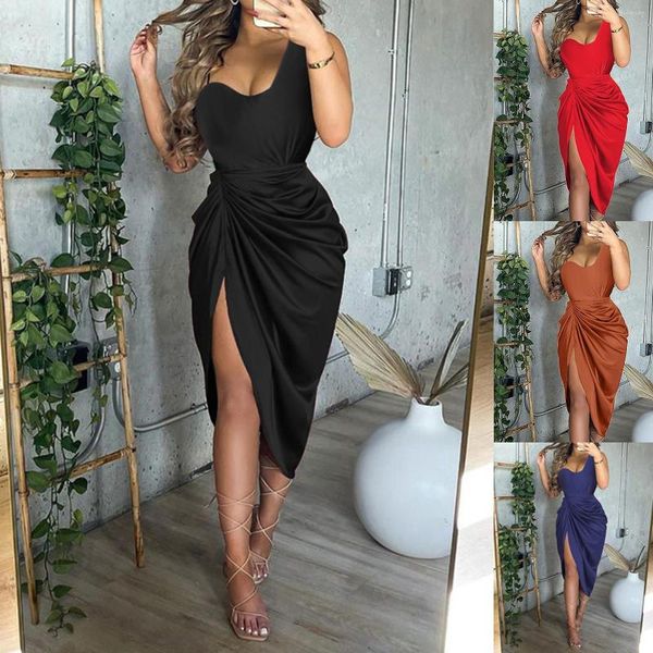 Robes décontractées charmante femme robe haute fendue Sexy plage Fshion couleur unie serré noir 2022 mode