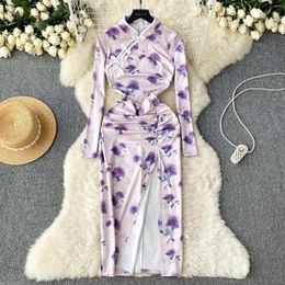 Robes décontractées Cheongsam Robe moderne 2023 manches longues Qipao chinois traditionnel moulante imprimé noeud bouton une pièce fente latérale robes