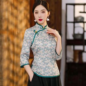 Robes décontractées Cheongsams Bouton Chemise Femmes Coton Slim Qipao Top Vintage Classique Imprimer Traditionnel Chinois Robe Élégante Robe Orientale