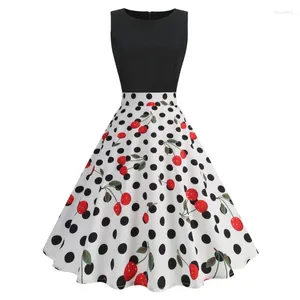 Casual jurken kersenprint retro zomer vrouwen 2024 o nek mouwloos gewaad vintage swing swing 1950s 60s rockabilly a line prom party