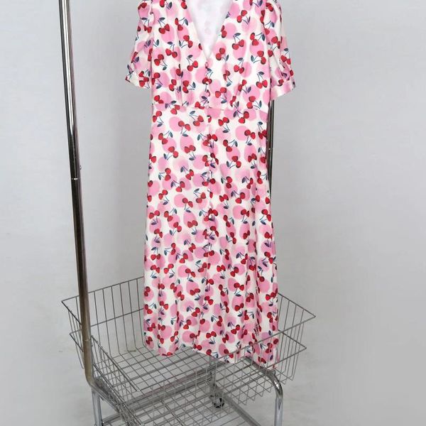 Robes décontractées Cherry Print Robe midi à col en V pour femme 2023 Été Français à manches courtes à manches courtes Robes longues pour vacances Femme