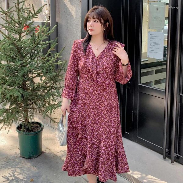 Robes décontractées Robe en mousseline de soie à col en V chic et confortable, grande taille, imprimé floral