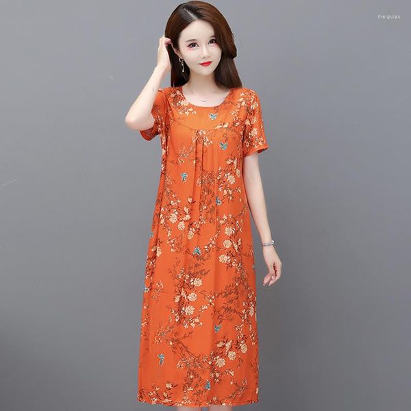 Robes décontractées Chic et élégante femme robe florale été 2023 à manches courtes moyen âge femmes lâche Style coréen Vintage vêtements