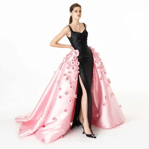 Casual jurken Chique zwart en roze Formeel feest met 3D-bloemen Elegante overrok Lange galajurk Afneembare trein Dames Evenementjurk